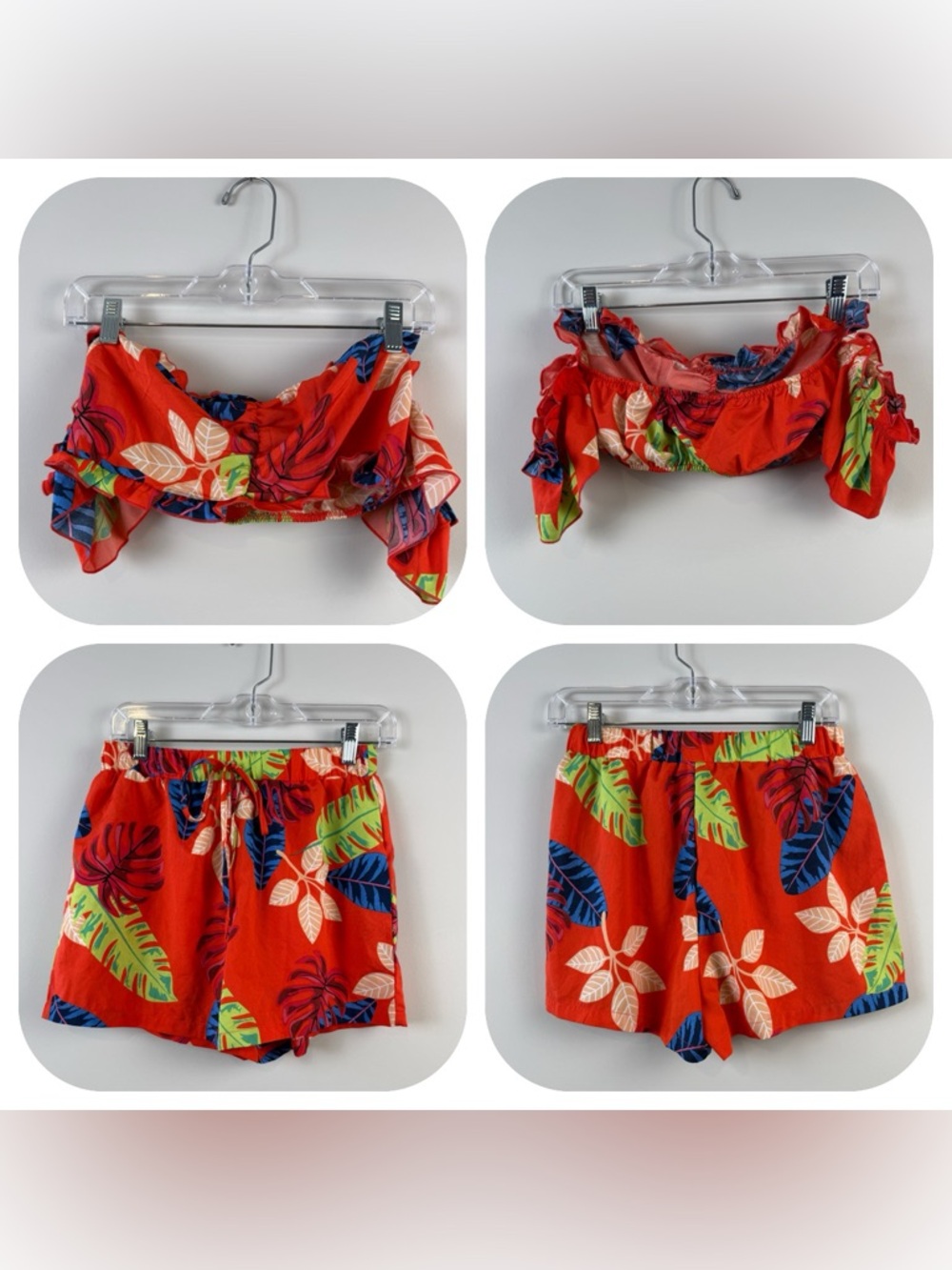 Shein Tropical Floral 2 Piece Set Small Crop Top and Shorts Orange Red Green